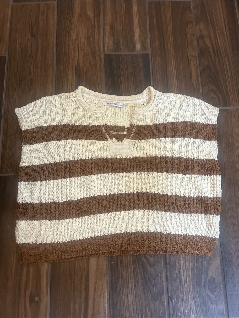 Zenana Outfitters Cream and Brown Striped Crewneck Sweater Vest